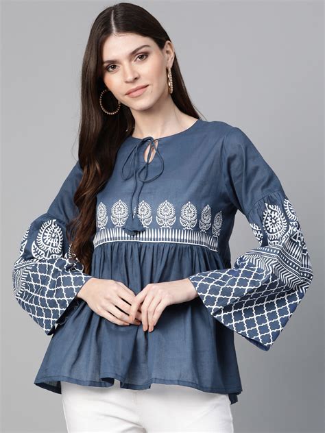 Shop Bhama Couture Navy Blue Ethnic Motifs Bell Sleeves A-Line Top Online