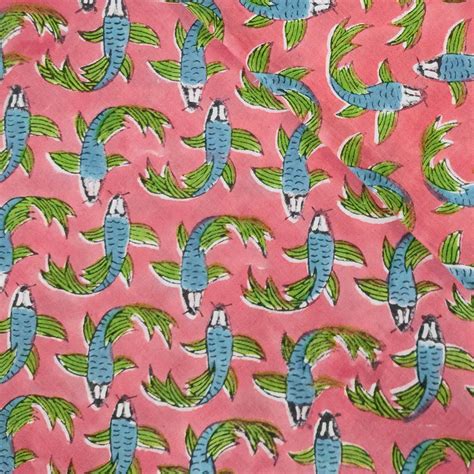 (PRE-CUT 1.50 METER) Pure Cotton Jaipuri Pink With Blue And Green Fish ...