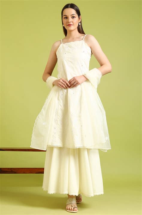 White Embroidered Pure Cotton Straight Spaghetti Kurta and Sharara Set ...