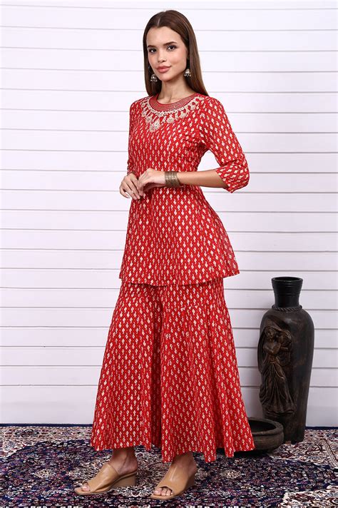 Buy Red Ethnic Motifs Zari Embroidered Flared Kurta, Sharara and ...