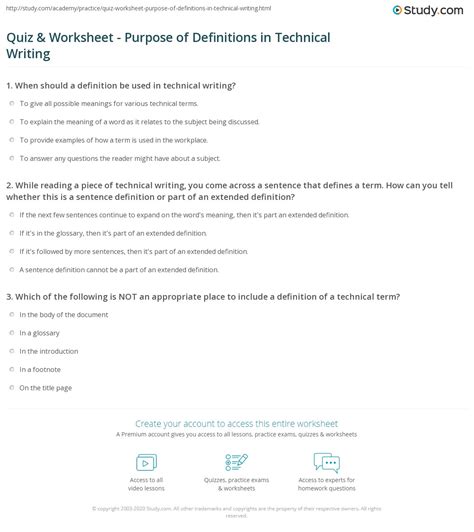 Quiz & Worksheet - Purpose of Definitions in Technical Writing | Study.com