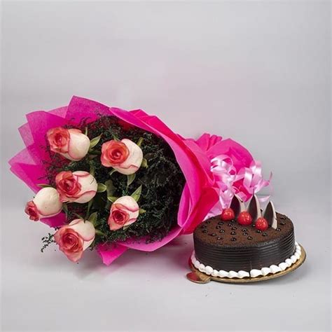 Pink Rose with Cake - DP Saini Florist & Baker's