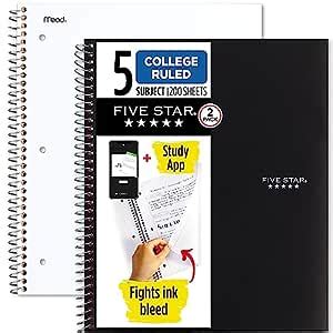 Five Star Spiral Notebooks, 5 Subject, College Ruled Paper, 200 Sheets ...