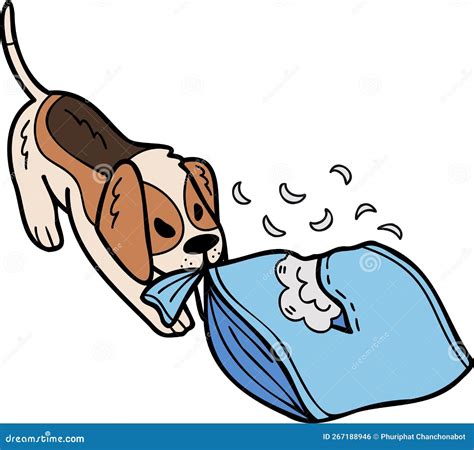 Hand Drawn Beagle Dog Biting Pillow Illustration in Doodle Style Stock ...