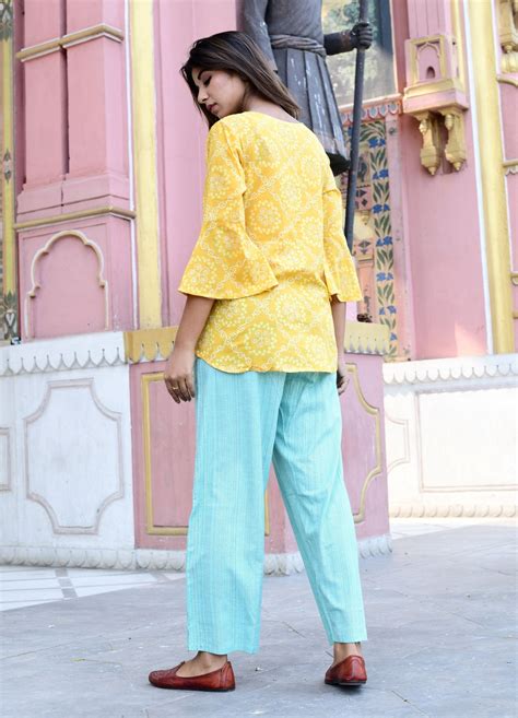 Buy India Short Kurta Top Set Trousers Top Tunic Set Bandhani Printed ...