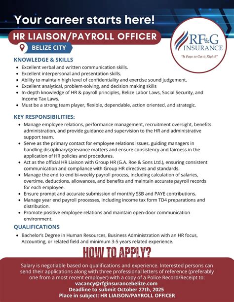 Job Opportunity: HR Liaison/Payroll Officer at RF&G Insurance in Belize City - Apply by October ...