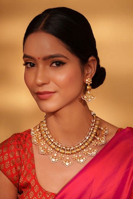 Buy Gold Plated Moissanite Studded Floral Drop Necklace Set by ZEVAR BY ...