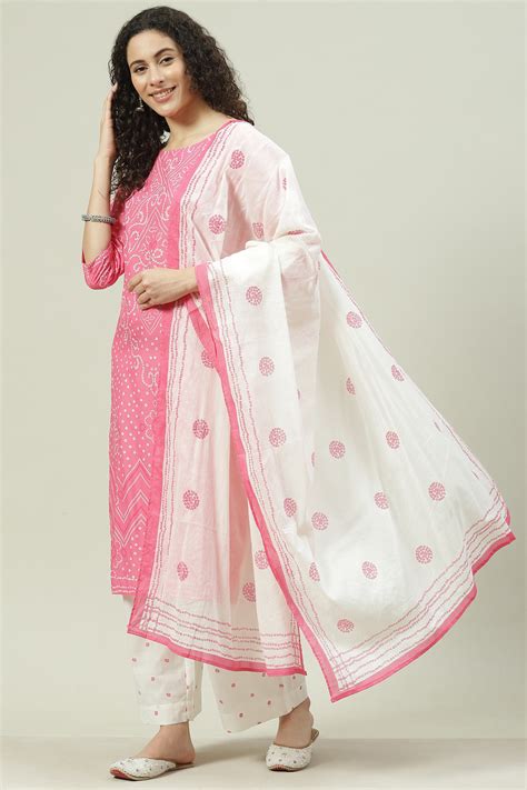 Pink Printed Cotton Straight Kurta Palazzo Suit Set at Biba India