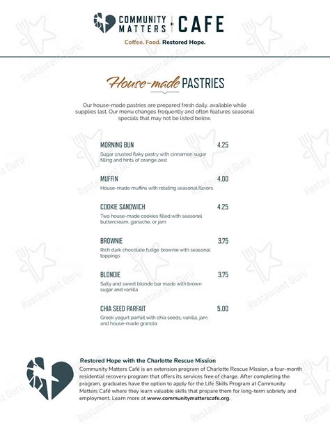 Menu at Community Matters Cafe, Charlotte