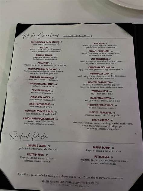 Menu at Nora's Italian Cuisine pub & bar, Las Vegas, 5780 W Flamingo Rd
