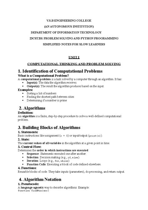 23CST201 Problem Solving & Python Programming: Simplified Notes - Studocu