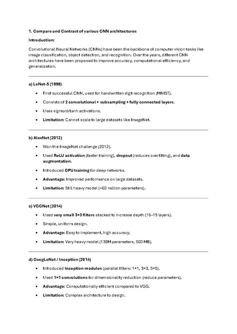 Dlv - Deep Learning: Comparing CNN Architectures and Applications - Studocu