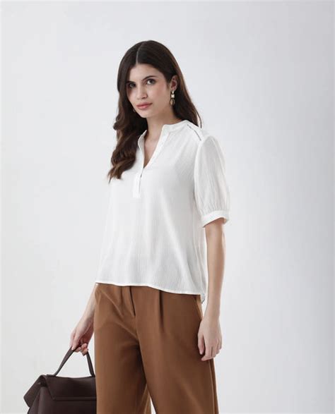 Rareism Women's Elane White Viscose Mandarin Collar Regular Fit Plain