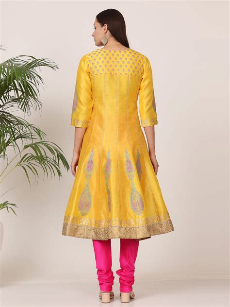 Kaanchie Nanggia Yellow Silk Printed Anarkali Churidar with Dupatta (S ...