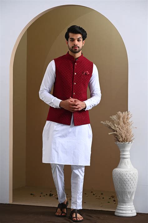 Maroon Glittering Embroidery Pure Cotton Nehru Jacket – Amogue