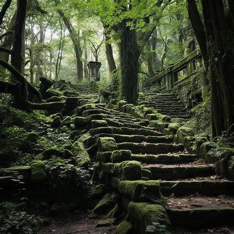 Enchanted ascent overgrown green staircase in the forest | Premium AI ...