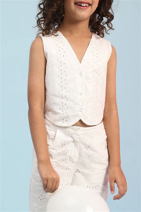 White Cotton Schiffli Crop Top & Pants Set at Biba India