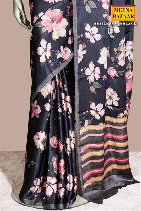 Black Satin Saree with Stylish Printed Design – Meena Bazaar