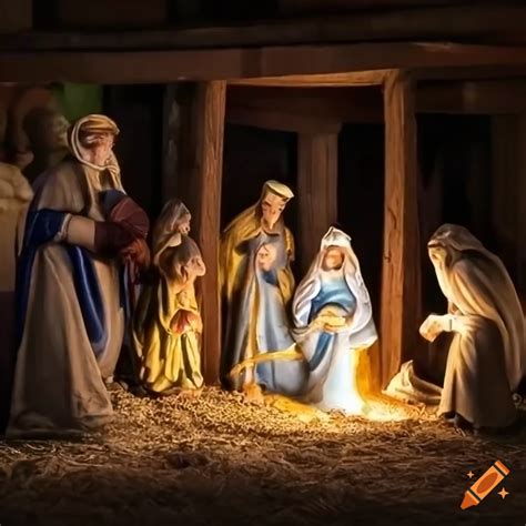 Children performing nativity scene with baby jesus in manger