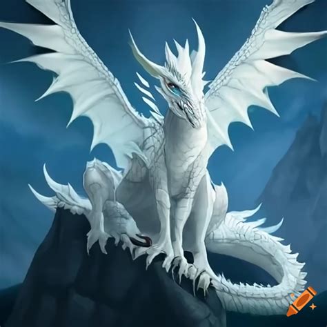 Young white dragon in a stunning mountain range, prepared for battle on ...