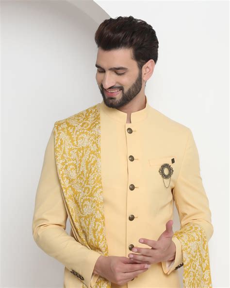 Swarn Two Piece Yellow Solid Achkan Set - Royal