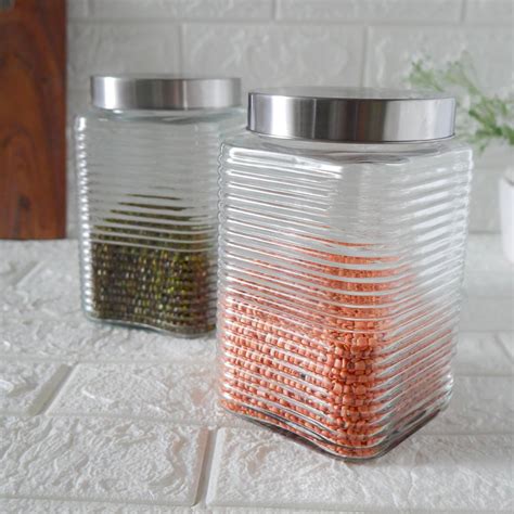 Buy Femora Embossed Line Glass Jar, Kitchen Storage Jar, Square Jars ...