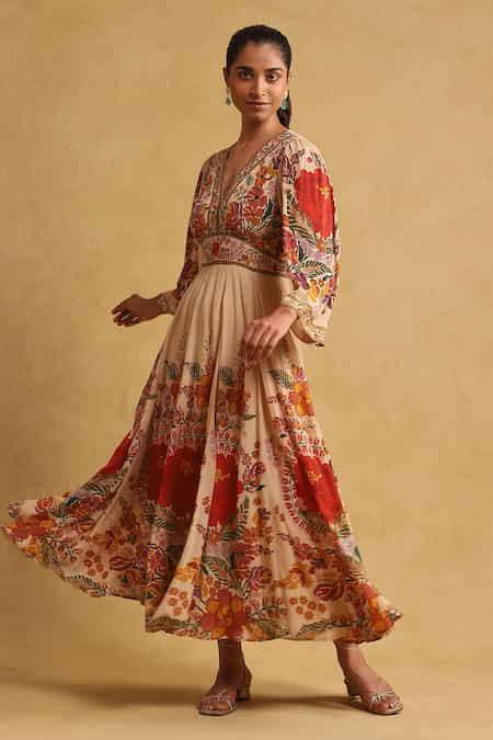 Buy Beige Cotton, Viscose Embroidery V-neck Floral Print Pleated Empire ...