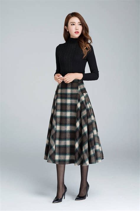 Tartan A Line Midi Wool Skirt, 1950'S Women Vintage Inspired Wool Plaid ...