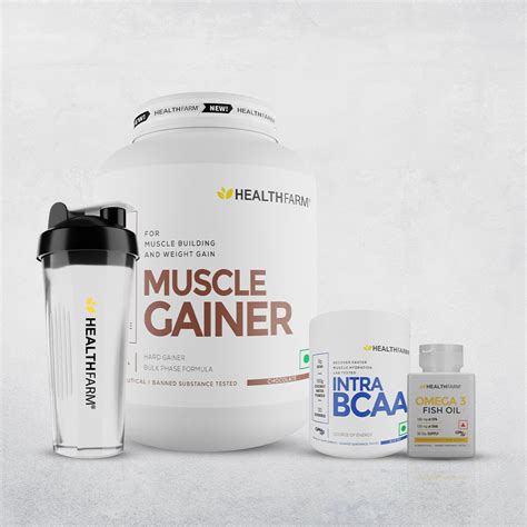 Healthfarm Muscle Gainer (3kg) + Intra BCAA + Fish Oil + Free Shaker ...