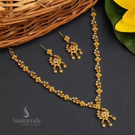 Shop Now-Matt Gold Plated Temple Necklace with American Diamond Stones ...