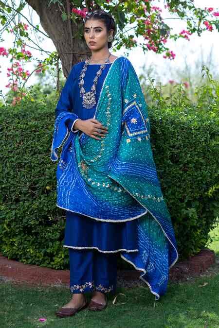 Buy Blue Cotton, Silk, Crepe Gota Patti, Kurta Set With Bandhej Pattern ...