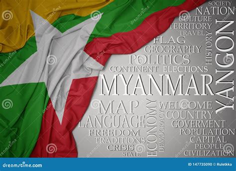 Waving Colorful National Flag of Myanmar on a Gray Background with ...