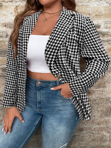 SHEIN LUNE Plus Houndstooth Print Single Button Blazer | SHEIN USA