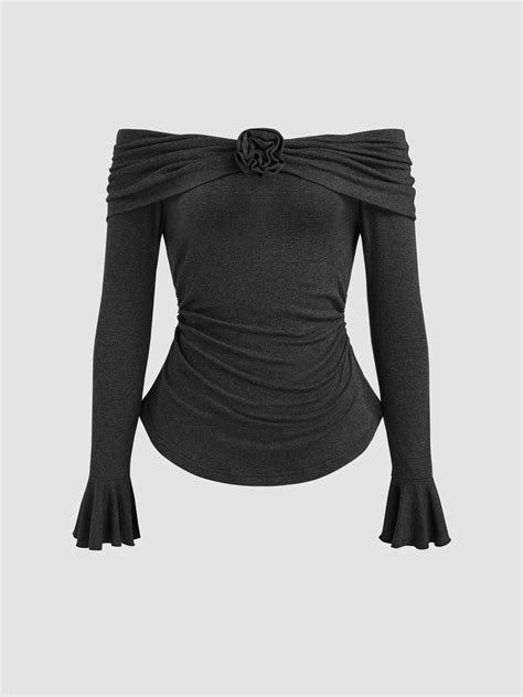 Knit Fabric Rosette Off-shoulder Ruched Long Sleeve Top For Date Coffee ...
