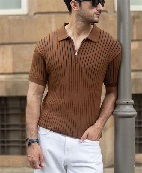 Brown Striped Knit Polo T-Shirt – Powerlook