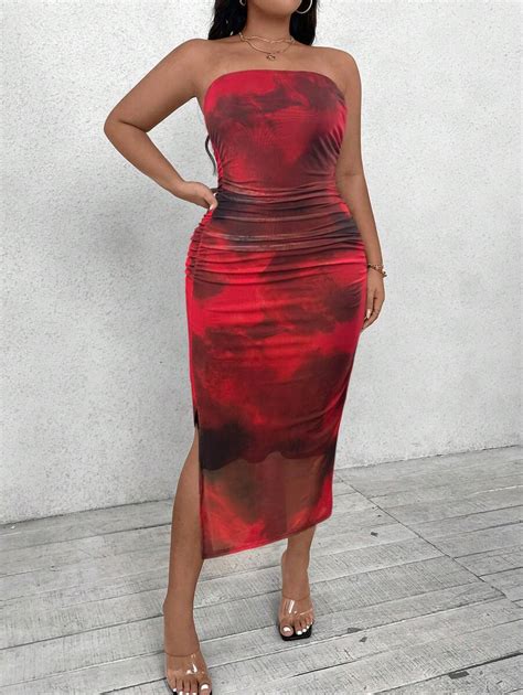 Celure Plus Size Women Mesh Print Knit Strapless Ruched Side Slit ...