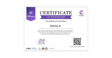 Nikitha R | Internship Certificate Corizo | Corizo Edutech