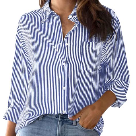 Yigetop Blue and White Striped Shirt Women Cotton Striped Button Down ...