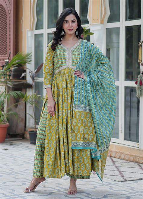 3 Pc Green Readymade Cotton Dupatta Suit Set