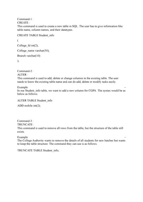 DDL Commands - Command-1 : CREATE : This command is used to create a ...