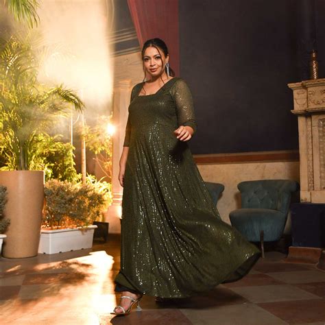 Buy Olive Green Luxe Sequin Net Stretchable Dress | Meera Plus Size