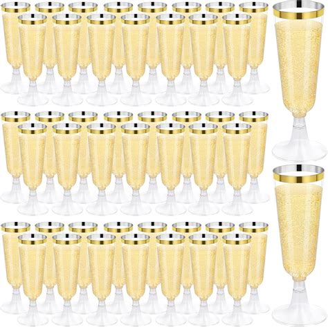 100 Pcs Plastic Champagne Flutes, Disposable Clear Gold Rim Champagne ...