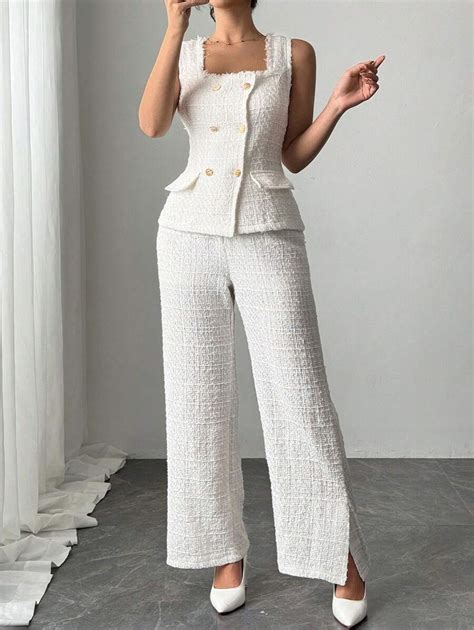 Firerie 2pcs Women Elegant Sexy Double Breasted Square Neck Sleeveless ...