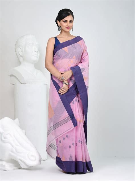 Graceful Pink & Purple Handwoven Tant Cotton Saree with Traditional Mo ...