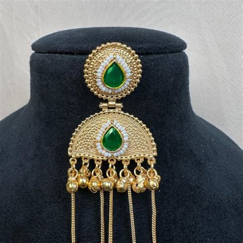 Gold Plated Chandbali Jhumka Earrings with Green Stone & Pearl Detaili ...
