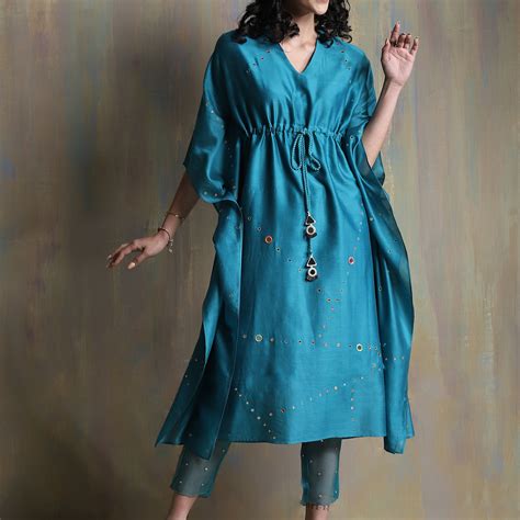 Turquoise Chanderi Kaftan With Pant - Set of 2 – charkhee