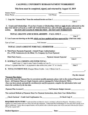 Fillable Online Fall 2019 Bursar Payment Worksheet - Caldwell ...