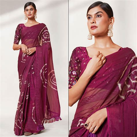 Wine Printed Wiht Embroidered Georgette Saree