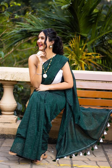 Playful Emerald -Handwoven Cotton saree with Tassels