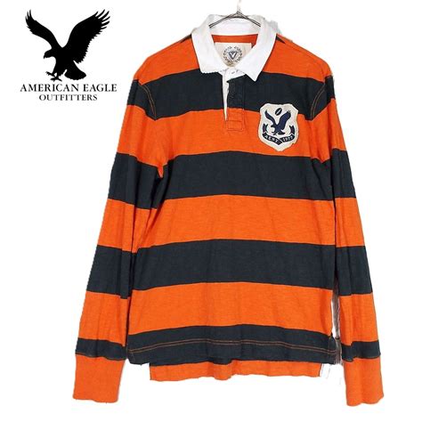 ベトナム製 AMERICAN EAGLE OUTFITTER 胸パッチ 長袖 ラガーシャツ Sサイズ オレンジ・ブラック【湘南倉庫】USメンズ ...
